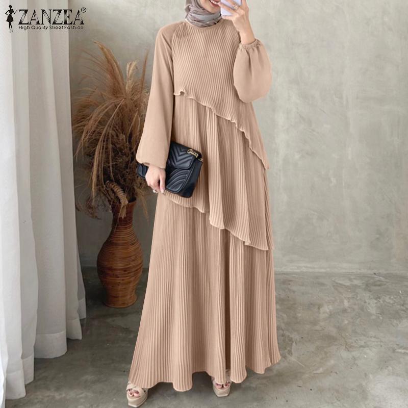 ZANZEA Women Casual Round Neck Long Sleeve Long Dress хаки