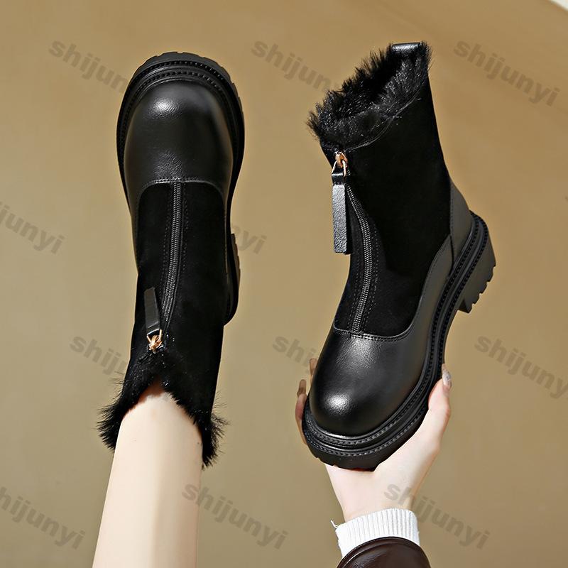 Vintage Thick Soled Warm Pu Leather Ankle Boots for Women Winter Non Slip Boot Woman Platform Plush Lace Up Cotton Shoes