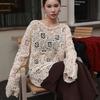 Women's Korean Style Red Sheer Knit Sweater with Hollow Design – Long Sleeve Round Neck, Autumn/Winter 2024
