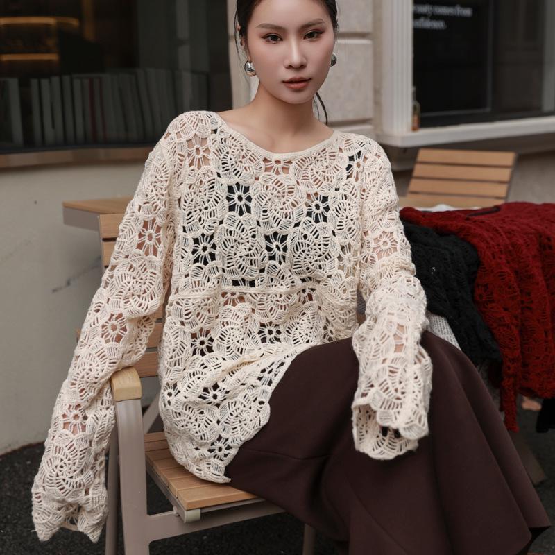 Women's Korean Style Red Sheer Knit Sweater with Hollow Design – Long Sleeve Round Neck, Autumn/Winter 2024