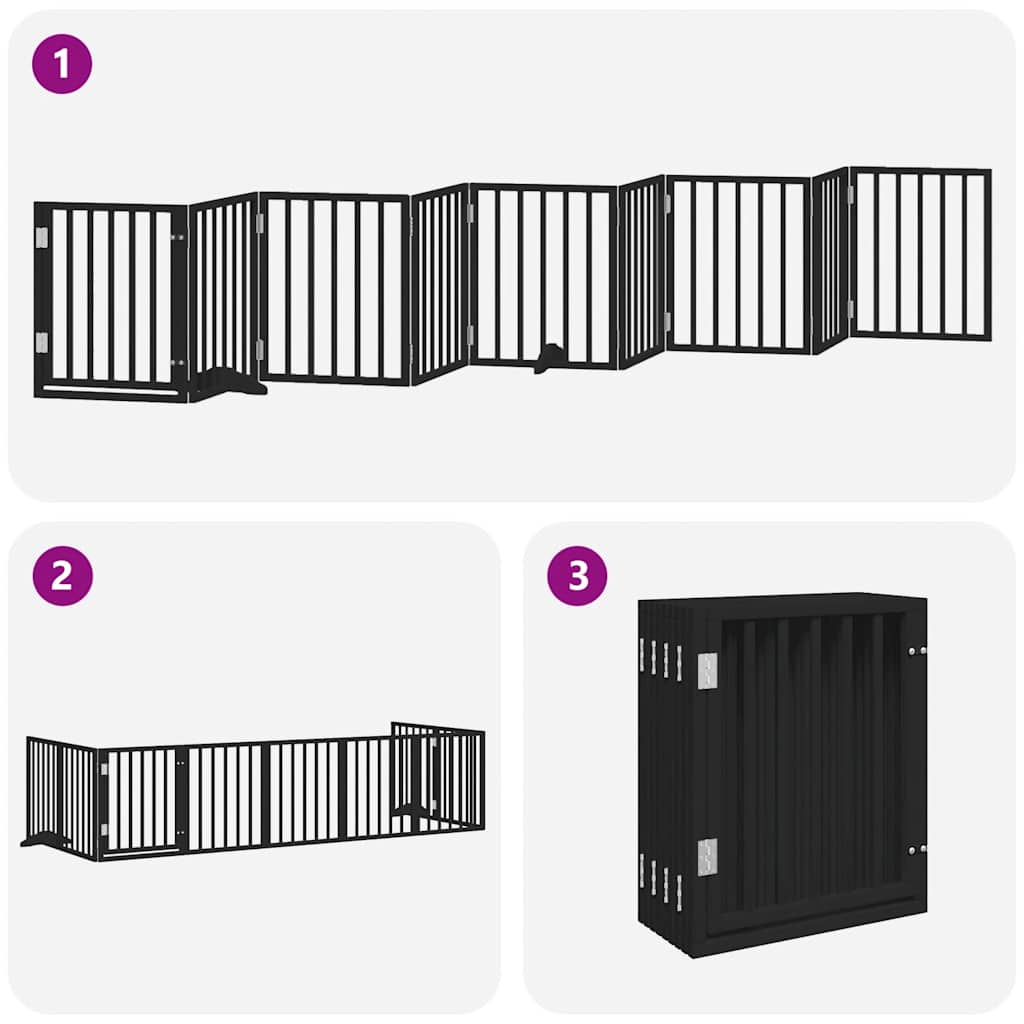 9 Piece Dog Gate with Door Foldable Black 450 cm Poplar Wood