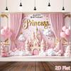 Pink Birthday Celebration Background Fabric, with a Pattern of a Princess-themed Party Balloon Castle