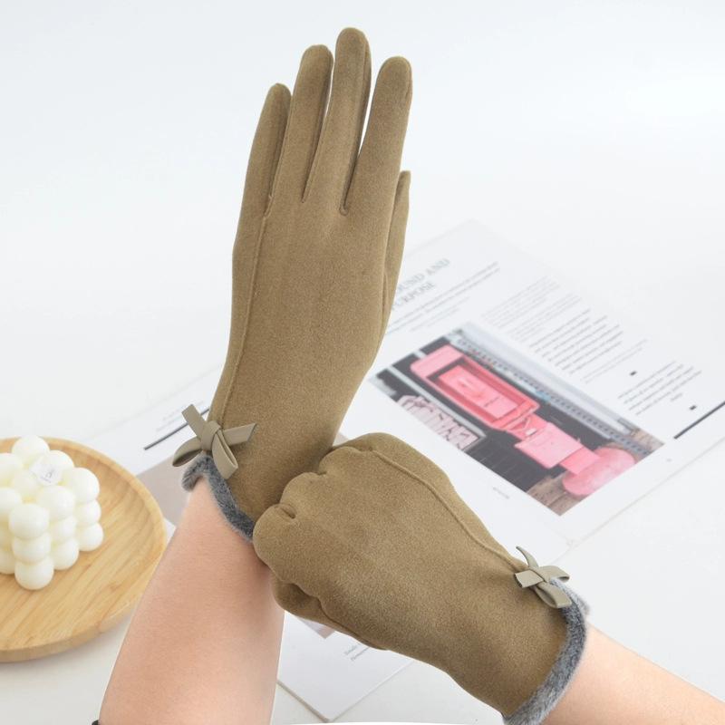 Handschuhe Damen Herbst und Winter Deutscher Samt Koreanische Version Schleife Samt Verdickt Fahren Reiten Winddicht Warm Kälte Touchscreen-Handschuhe