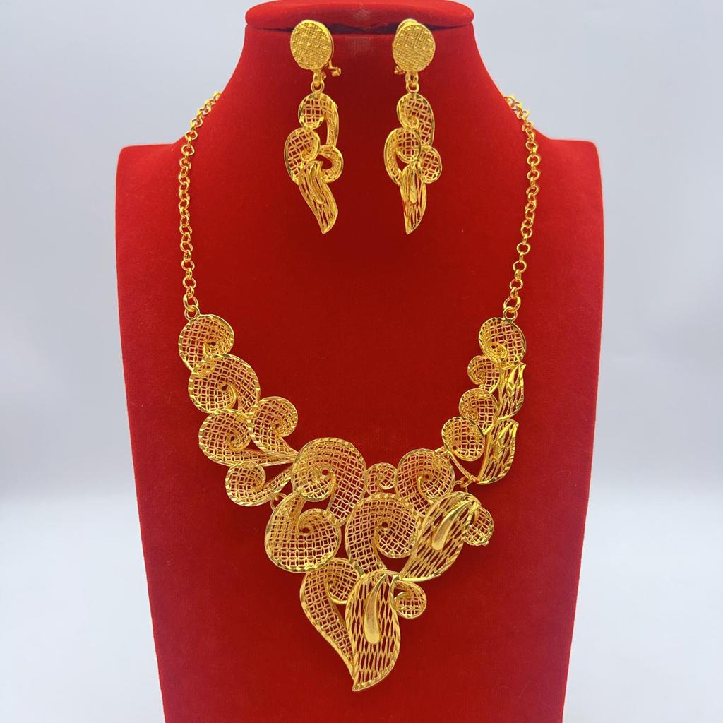 Gold-Plated Brass Flower Necklace & Earrings Set for Women's Wedding Jewelry
