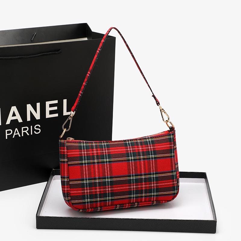 

«Женская сумка через плечо Baguette из ткани в клетку 2025 года — корейский ретро-литературный стиль» красный