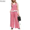 ZANZEA Women Sleeveless Tank Tops and Pants Summer Plaid Print Two Piece Suit Sets