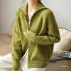 Women's European Style Pure Wool Turn-Down Collar Cashmere Cardigan with Double Zipper Knitwear.
