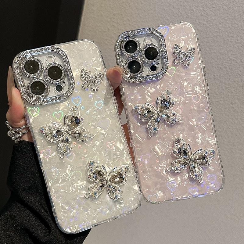 Three-Dimensional Rhinestone Butterfly Mobile Phone Case Is Suitable For Apple 17Pro Love Laser 15 All-Inclusive Side Drill 14 Anti-Drop Models
