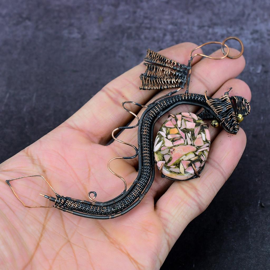 Natural Copper Rhodochrosite Handmade Copper Wirewrap Dragon Pendant 4.53" A7a48