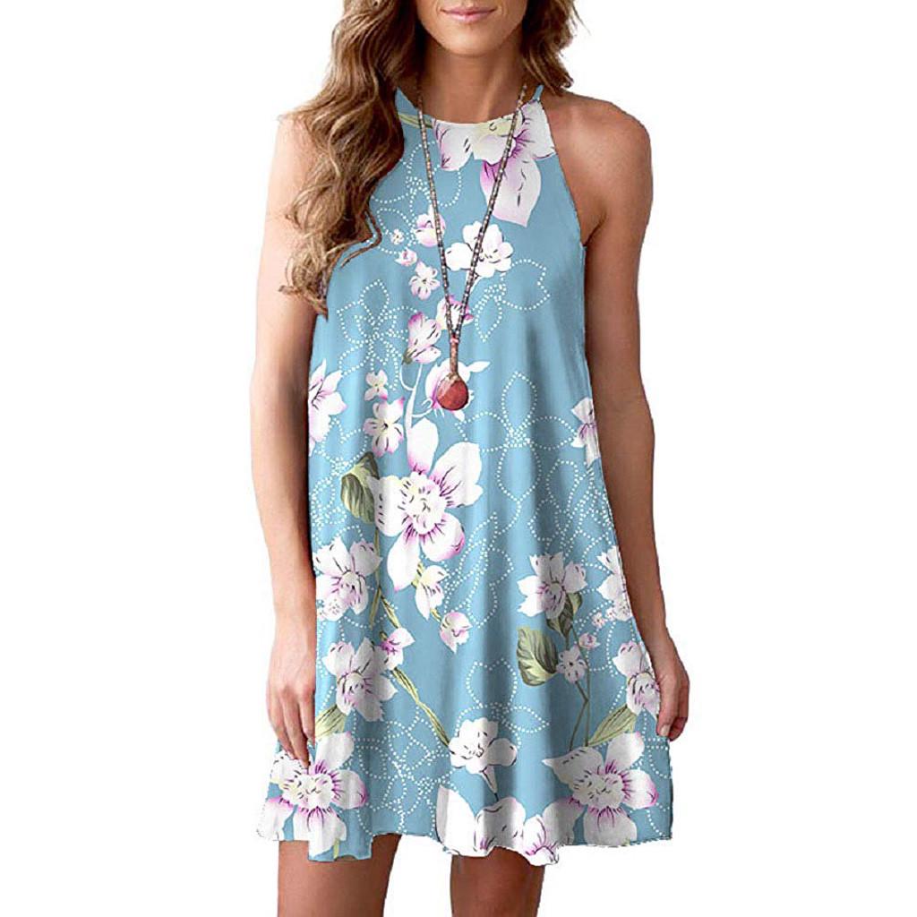 Women Halter Neck Boho Print Sleeveless Casual Mini Beachwear Dress Sundress