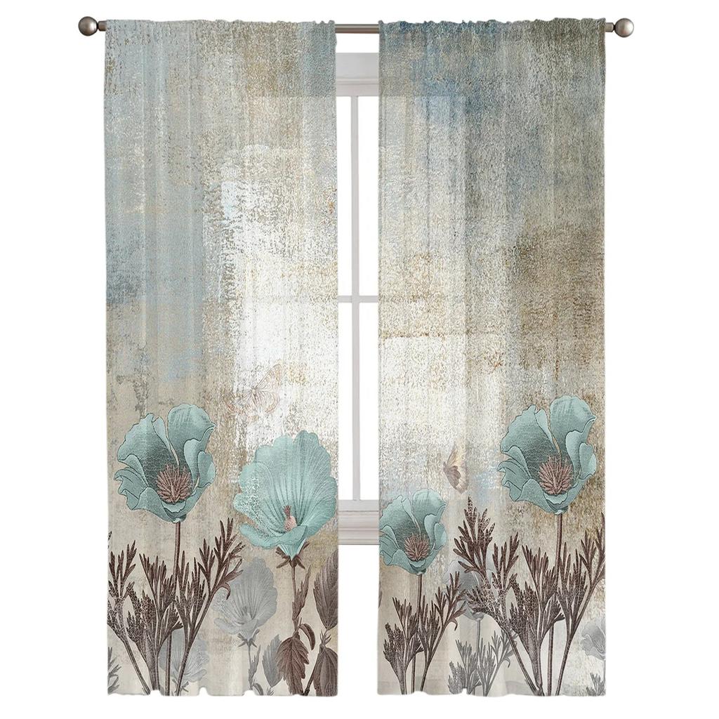 Flower Retro Tulip Plant Bedroom Transparent Sheer Curtains Holiday Decoration Window Voile Tulle Curtain