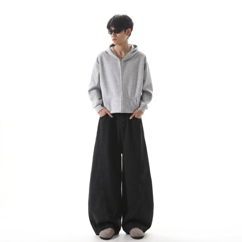 Mens Black Wide Leg Denim Pants Loose Fit Straight Cut Casual Trousers With Slight Stretch