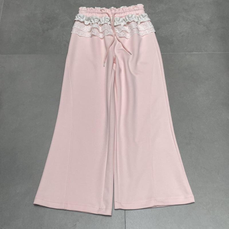 2026 Spring Women s High-Waist Lace Patchwork Wide-Leg Drawstring Pants Medium
