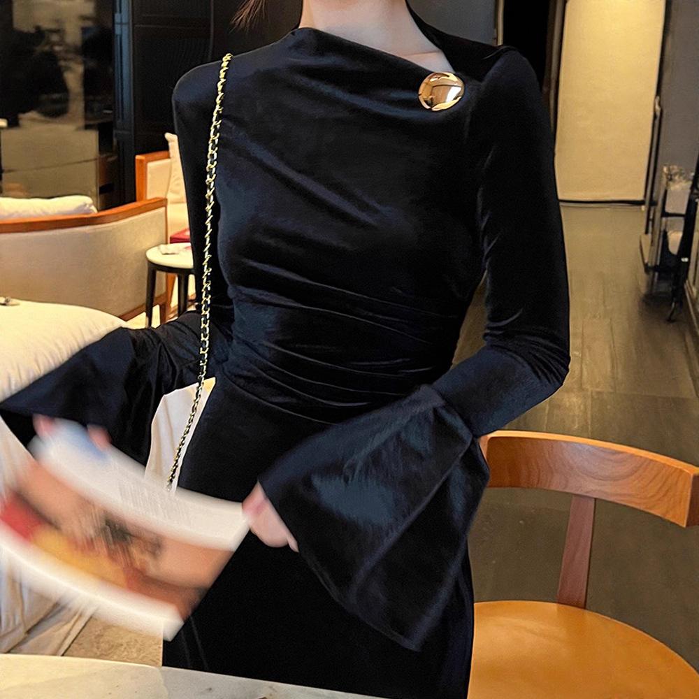 Elegant French Hepburn-Style Black Gold Velvet Dress for Women Extra Large чёрный