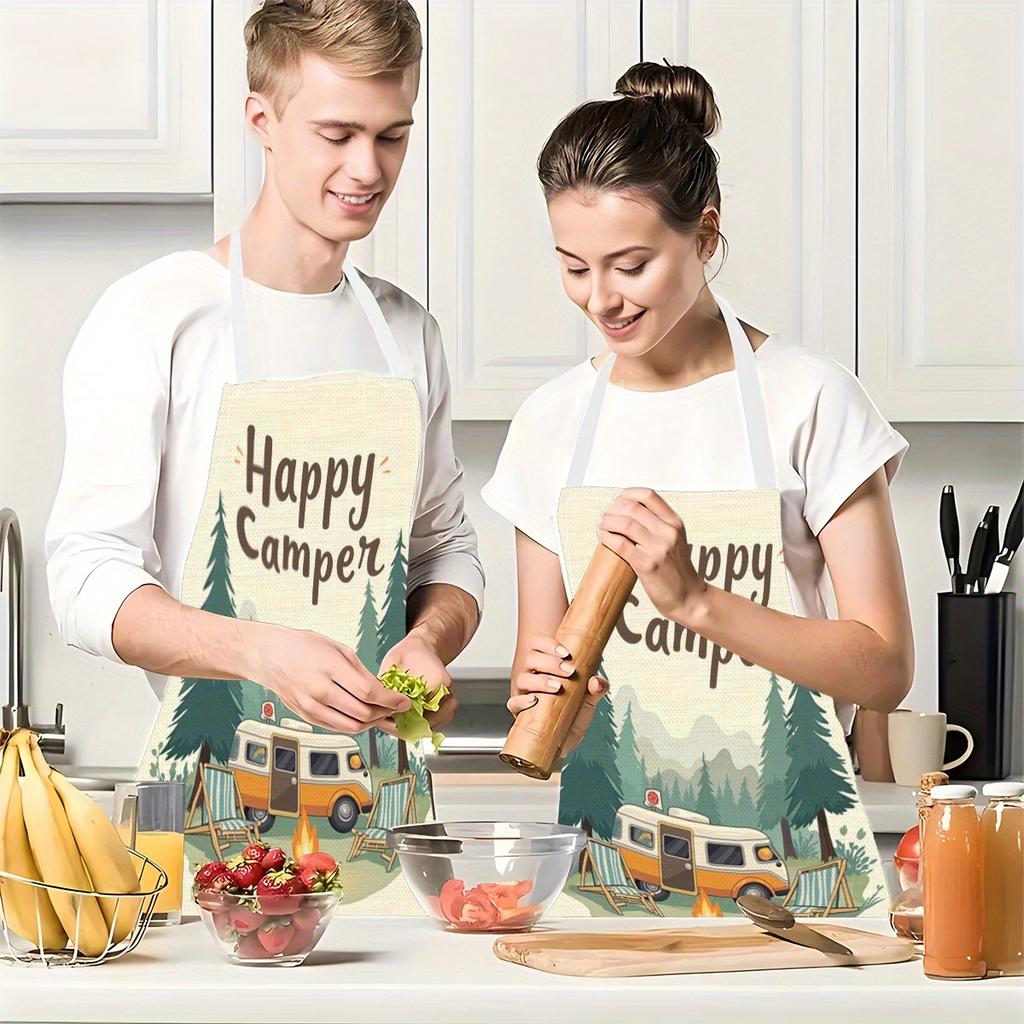 1pc Happy Camper Apron with RV Campfire Forest Print Outdoor Adventure Kitchen Baking BBQ Cooking Wear Unisex Nature Lover Gift