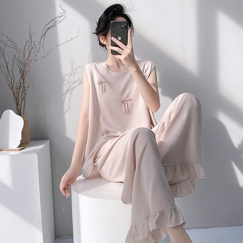 Summer Crew Neck Sleeveless Vest Two-piece Set Cotton and Silk Pajamas Women's Summer Cotton Silk Women's Summer Suit Dress