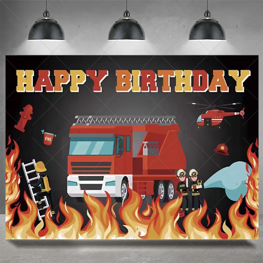 Firefighter Firetruck Theme BackgroundRed Fire Truck Children Boy Birthday Party Decor Baby Shower Photography Backdrop Props