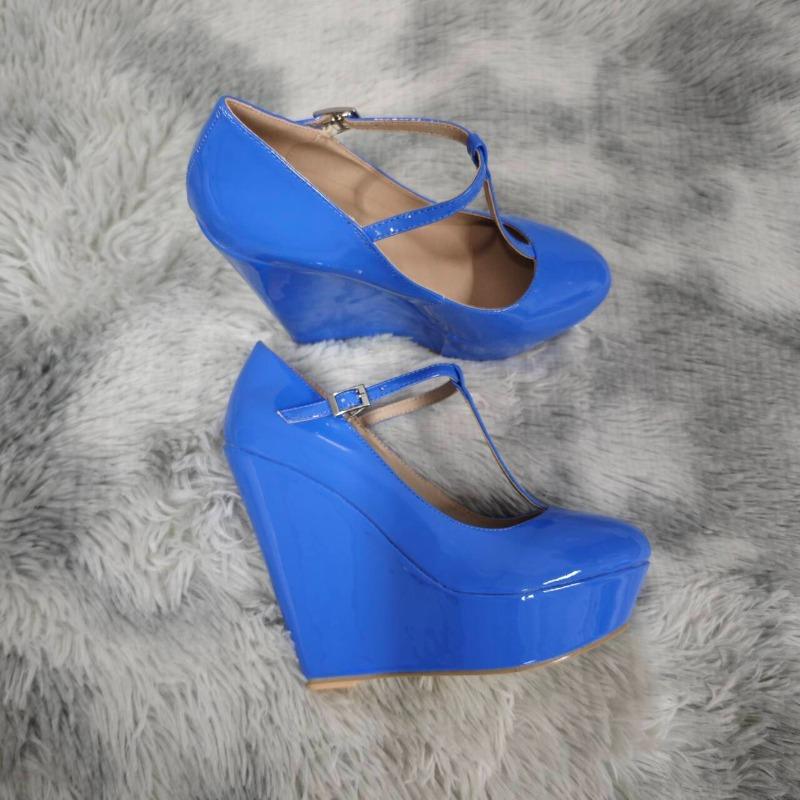 

2025 Новые осенне-зимние женские туфли-лодочки 14 см с круглым носком, Т-образным ремешком, на платформе, на танкетке, на высоком каблуке, гладиаторские женские туфли для вечеринок и свадеб 38 чёрный