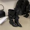 Retro design pointed boots medium boots autumn and winter belt buckle thick heel stacked boots