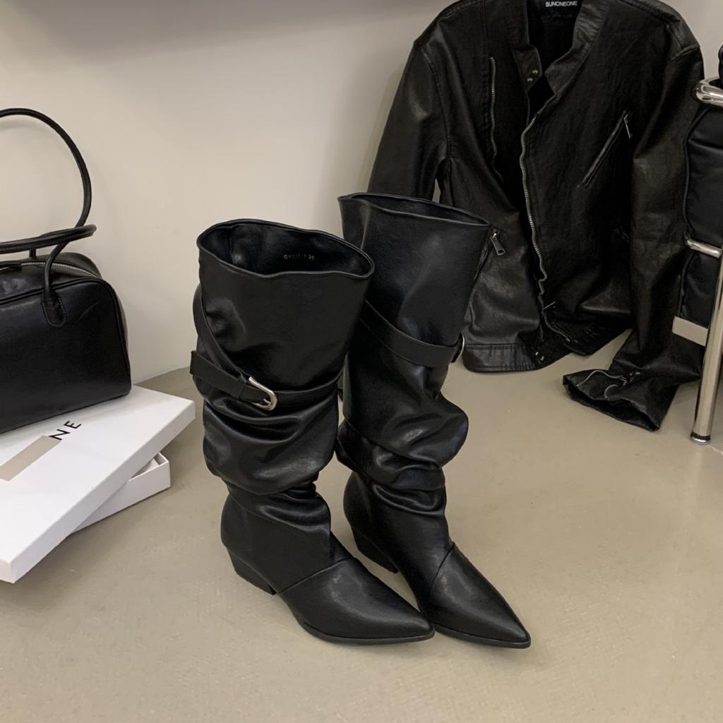 Retro design pointed boots medium boots autumn and winter belt buckle thick heel stacked boots