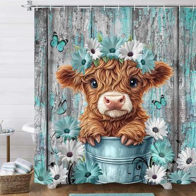 Funny Highland Cow Shower Curtain for Bathroom Decor, Teal Farm Teal Daisy Floral Flowers and Butterfly On Country Wooden
