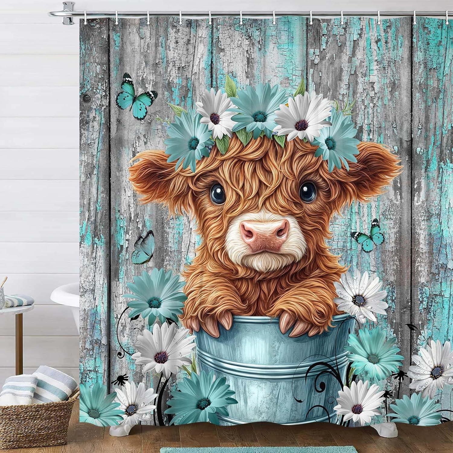Funny Highland Cow Shower Curtain for Bathroom Decor, Teal Farm Teal Daisy Floral Flowers and Butterfly on Country Wooden 90x180CM