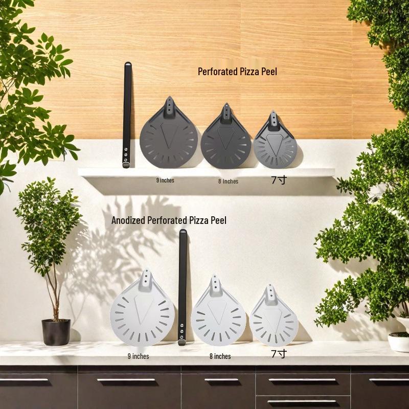 Kulatá perforovaná nerezová lopata na pizzu s dřevěnou rukojetí pro domácí pečení a přenos dortů