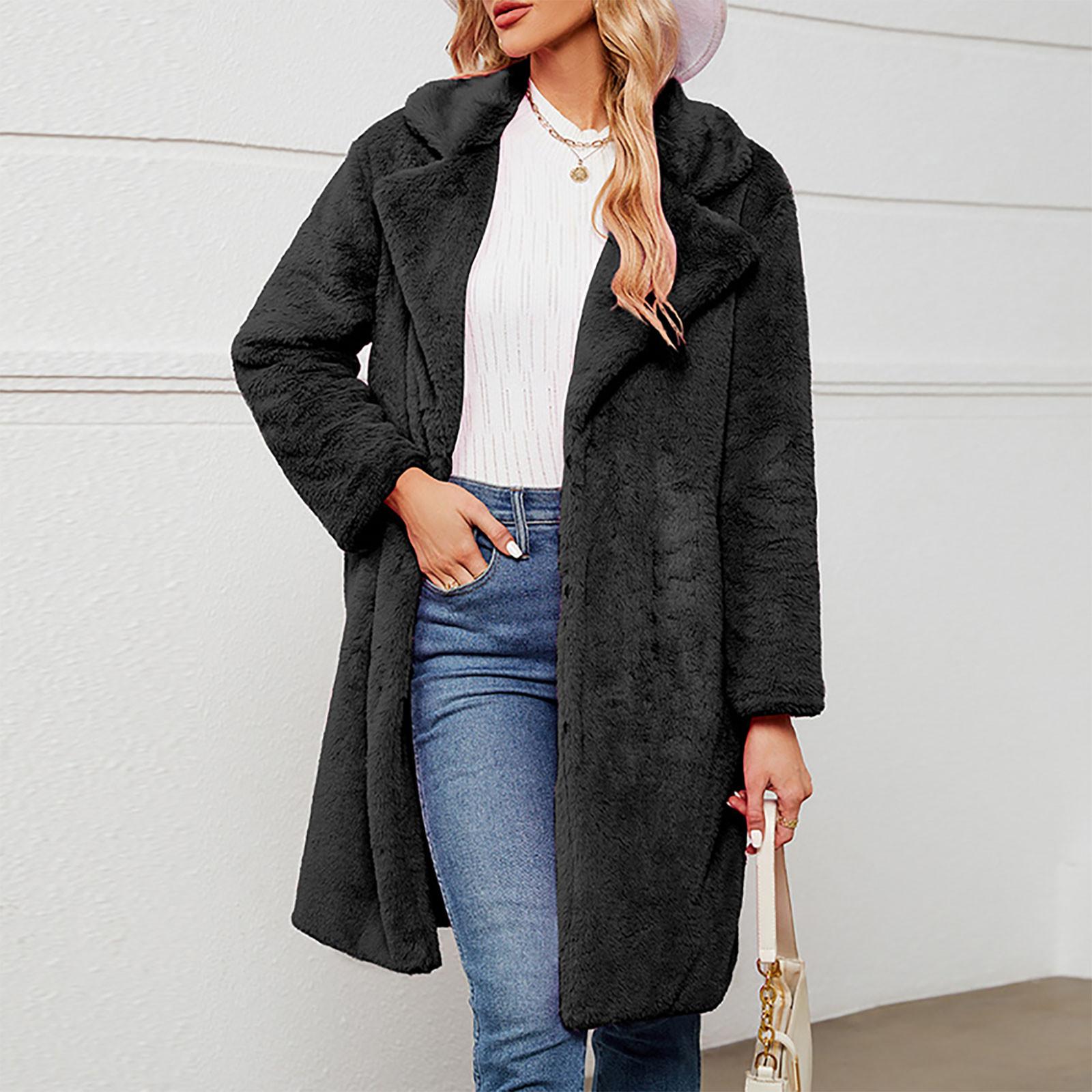 

Женский осенне-зимний однотонный кардиган с лацканами, пальто, плюшевая длинная куртка, пальто XL чёрный