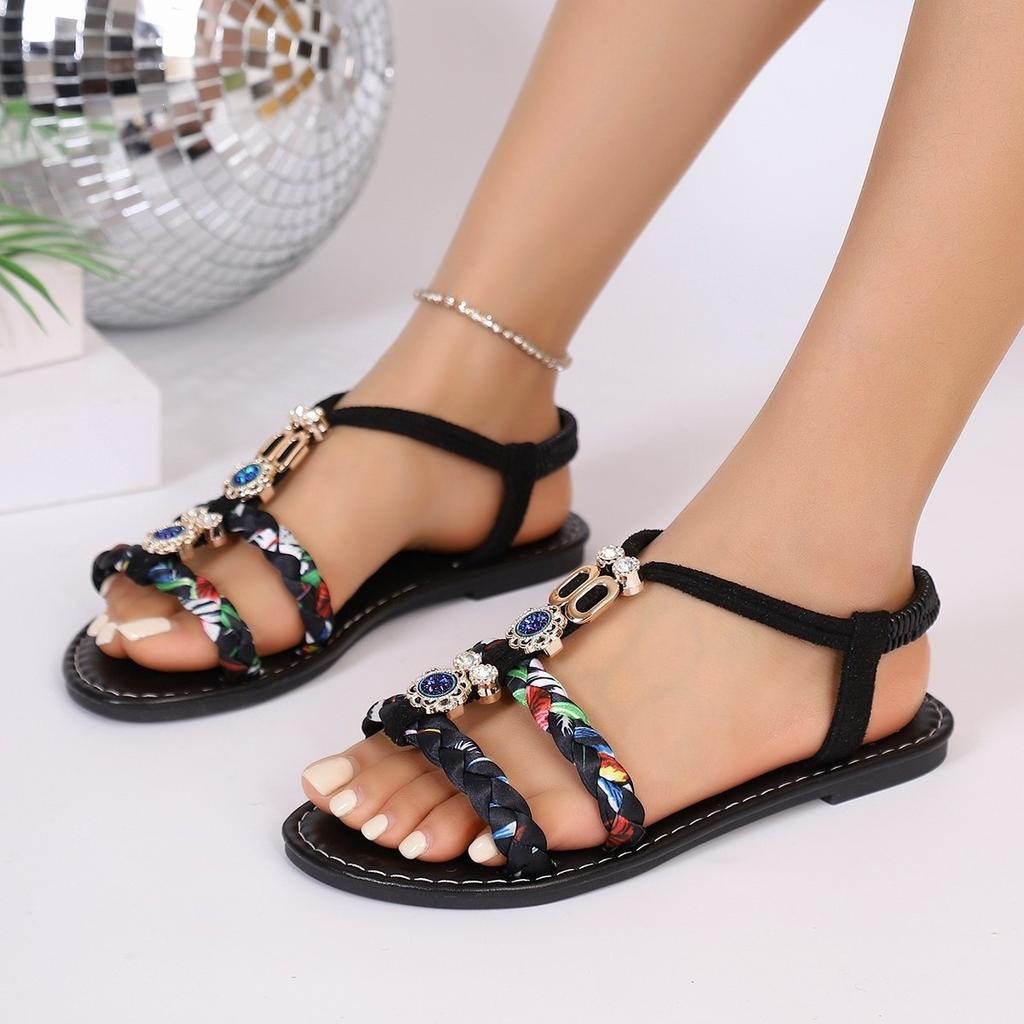 Women's Bohemian Style Sandals, Summer Colorful Woven Beaded Round Toe Comfort Flat Sandals