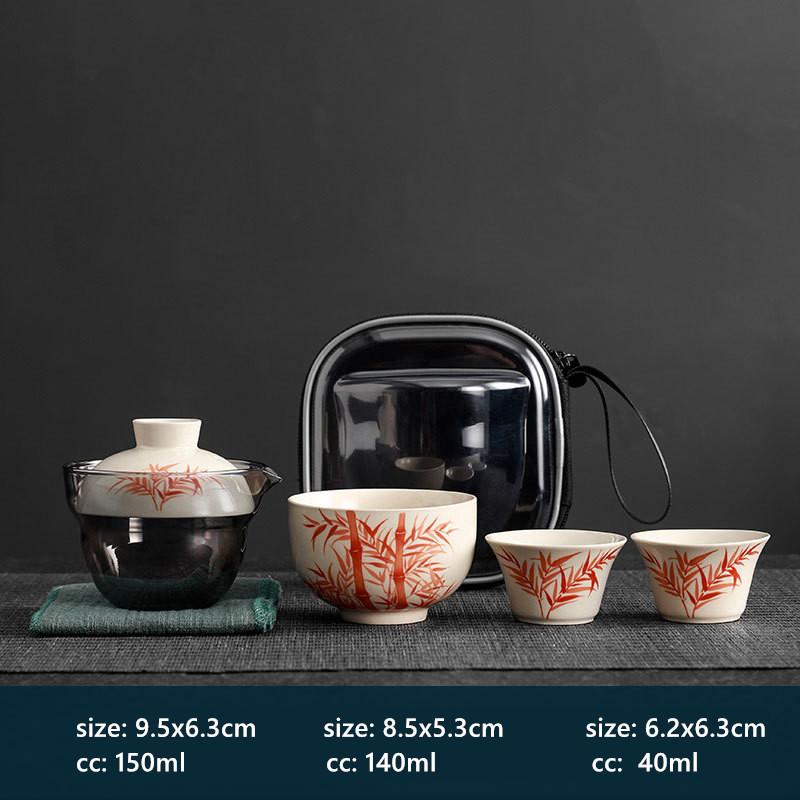 

Hand-painted Travel Tea Set Home Car Outdoor Tea Infuser Portable One Pot Three Cups Ceramic Teaware Bring A Storage Bag Five-piece Set