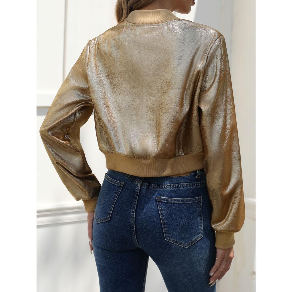 GMXIA Dámská jarní a podzimní ležérní bunda s dlouhým rukávem a zipem se zlatou fólií