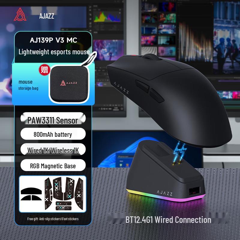 Ajazz AJ139PV3 Tri-Mode Wireless Gaming Mouse with RGB Charging Dock