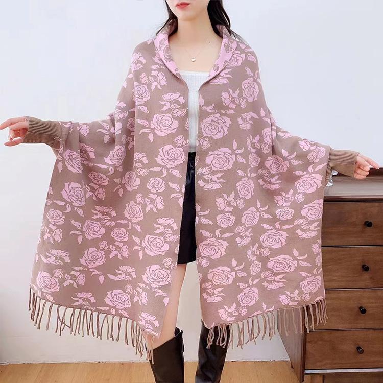 

Женская вязаная шаль жаккардовым узором «розы» с бахромой, накидка с рукавами, двусторонняя шаль Above 175cm хаки