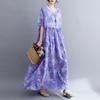 Summer New Literary Age Reduction Large Size Loose and Thin Printed Short-sleeved Long Dress with Pockets Over the Knee Skirt