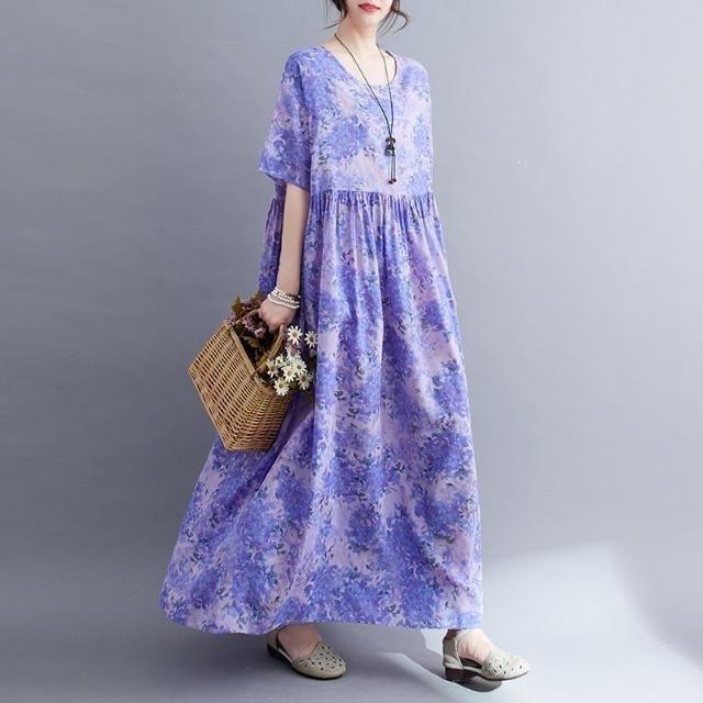 Summer New Literary Age Reduction Large Size Loose and Thin Printed Short-sleeved Long Dress with Pockets Over the Knee Skirt