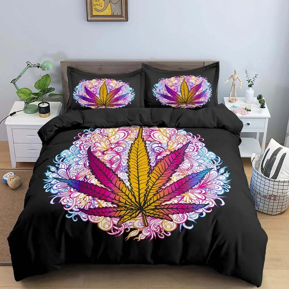 Maple Leaves King Queen Bedding Set Psychedelic Weed Leaf Duvet Cover Colorful Stripes 2/3Pcs Polyester Quilt Cover
