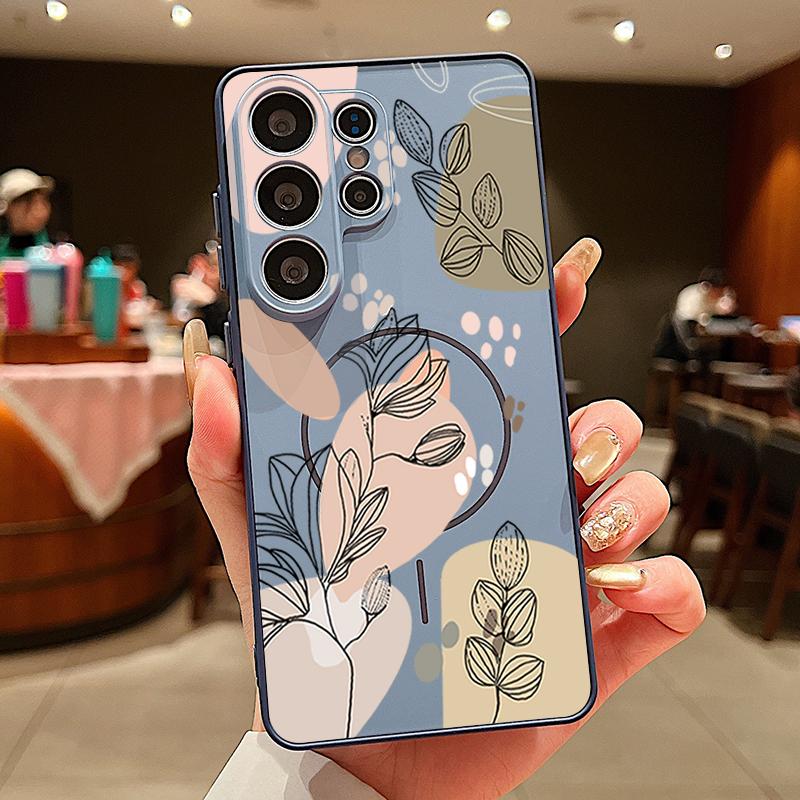 

Чехол с линейным цветочным узором для Samsung Galaxy S26 Ultra S25 Edge S24 Plus S23 FE S22 A54 A55 A56 5G Магнитный для Magsafe Матовый чехол Samsung S23 синий