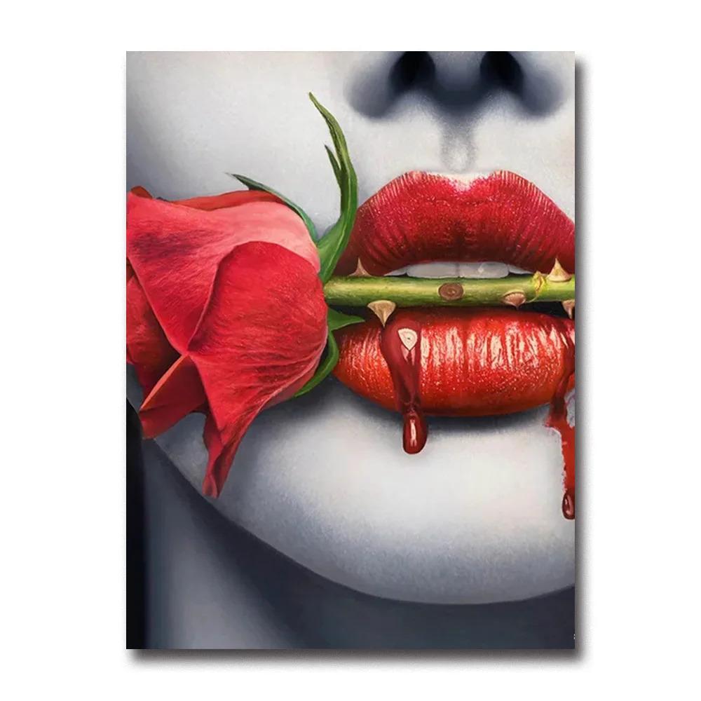 Sexy Woman Red Lips Money Rose Wall Art Posters Modern Home Living Room Bedroom Decorative Canvas Painting Picture Print Artwork