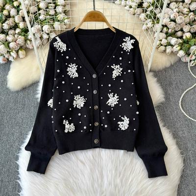 Sonbahar Kış Kadın Tasarımcı Lüks Boncuk Çiçek Tek Sıra Örme Kazak Ceket Ceket