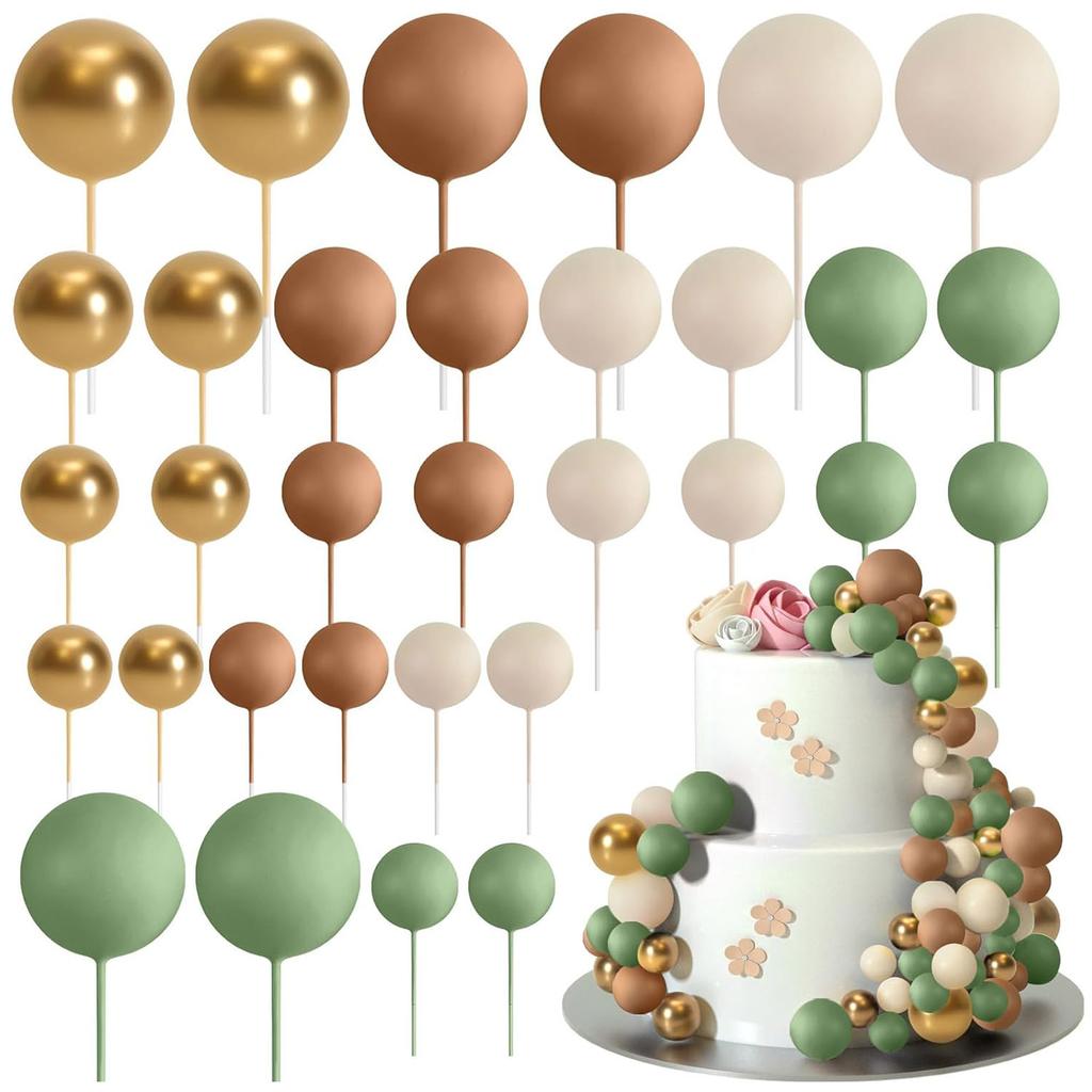 32PCS Boho Gold White Khaki Foam Balls for Cake Decorating DIY Wedding Birthday Party Cupcake Toppers Bridal Shower Decor