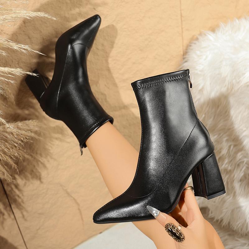 Vintage Pointed Toe Women Ankle Boots Shoes Autumn Winter Square Heels Short Booties  Mujer