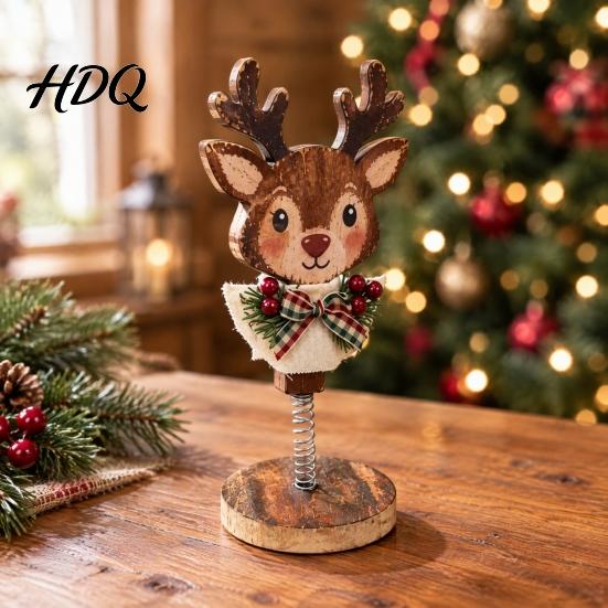 Vintage Christmas Room Decor Retro Wooden Ornaments Gingerbread Man/Reindeer/Snowman Figurine with Spring Base Nodding Elk Xmas Desktop Decorations