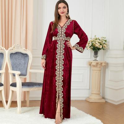 Muslimisches Damen Patchwork V-Ausschnitt Langarm Strickkleid mit regulären Ärmeln Herbst Damen Abaya Langes Kleid