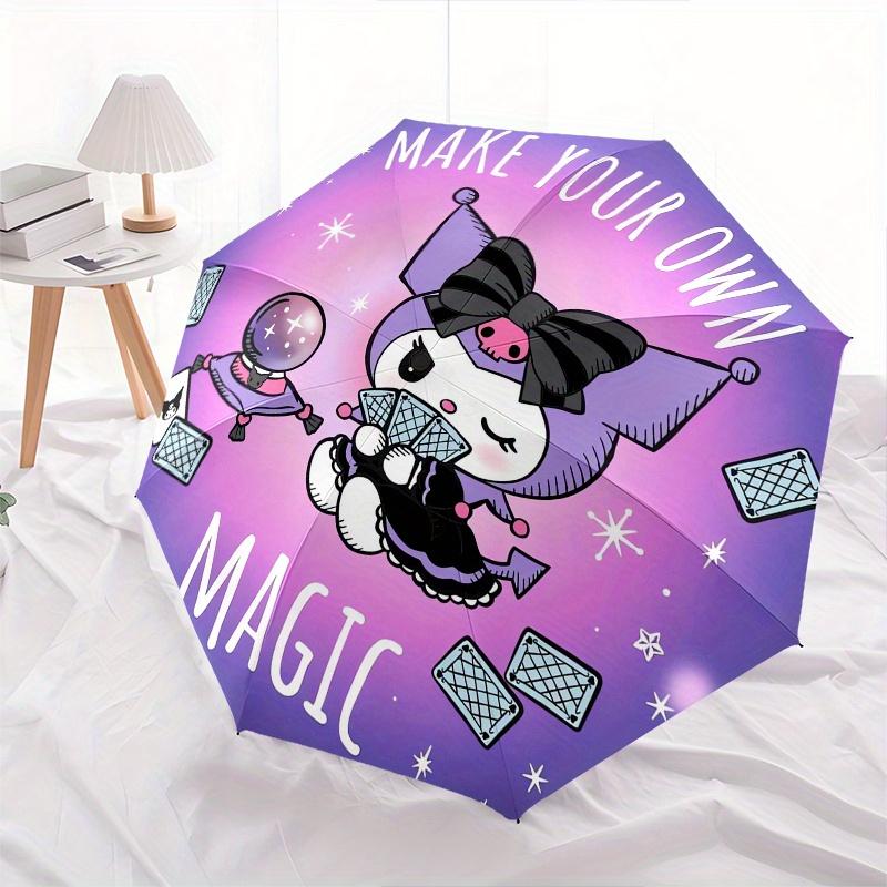 Kuromi Automatic Folding Umbrella-Simple 8-Rib Design, Bright Cartoon Pattern, Durable Iron Frame, Suitable For Travel, Outdoor, Beach-Cute