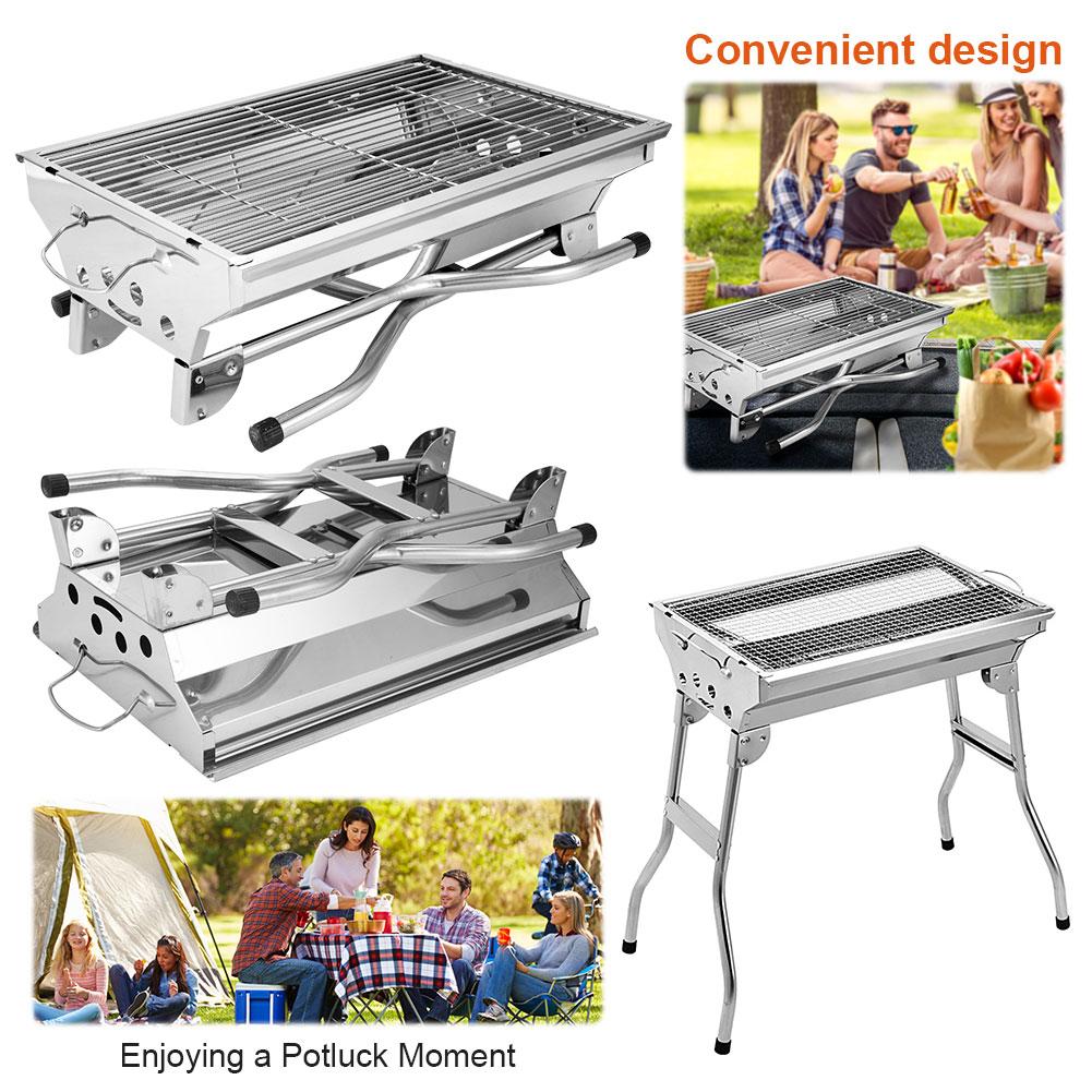 Outdoor Foldable Charcoal Grill Stainless Multi-Function BBQ Grill with Storage Basket Handle Free Assembly Camping Cooking Tool