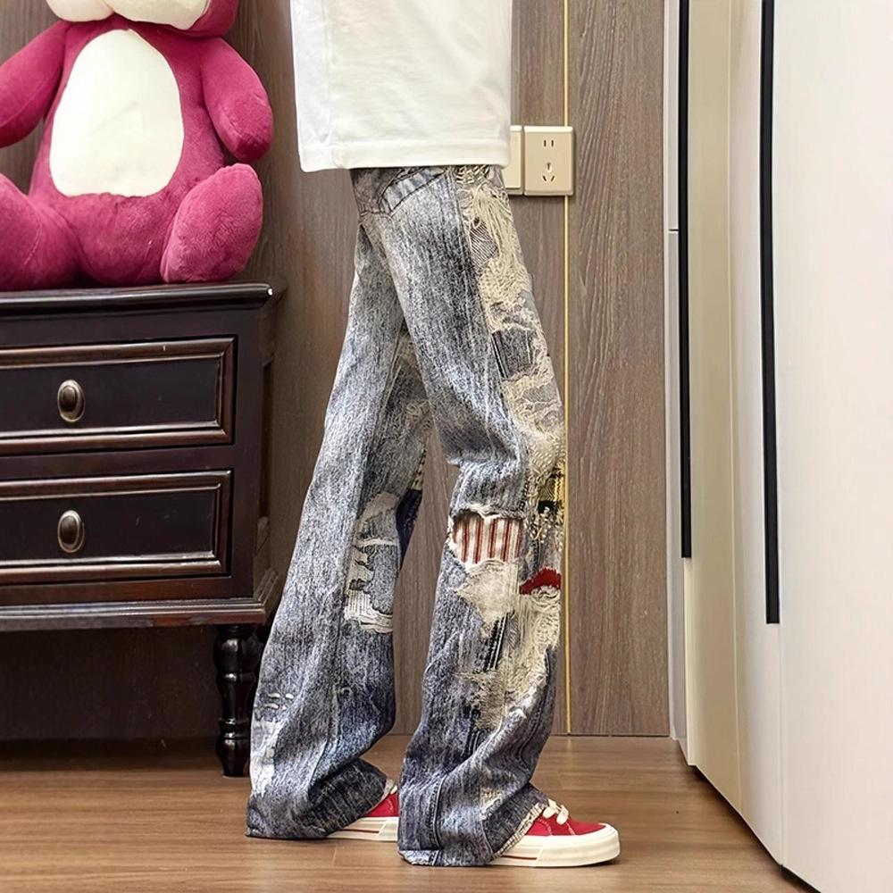JYL Men's Straight Jeans American Vintage Ripped Casual Vintage Loose Denim Pants