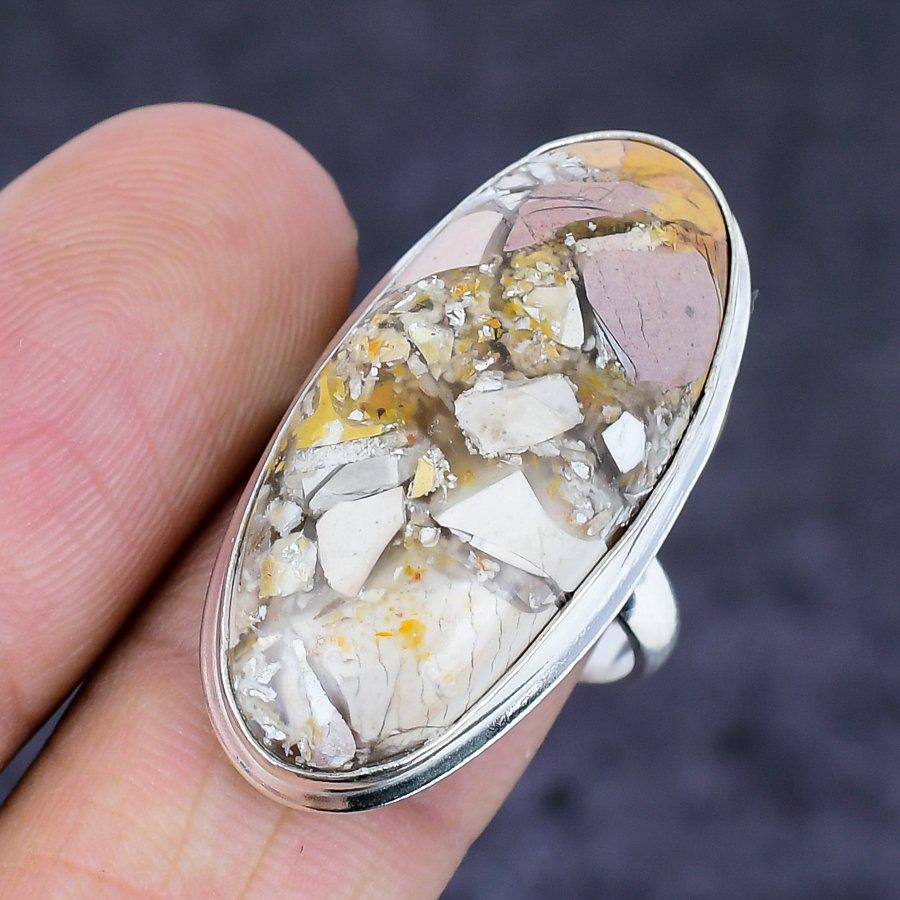 Brekzienartiger Mookait Edelstein 925 Sterlingsilber Schmuck Ring Größe 8