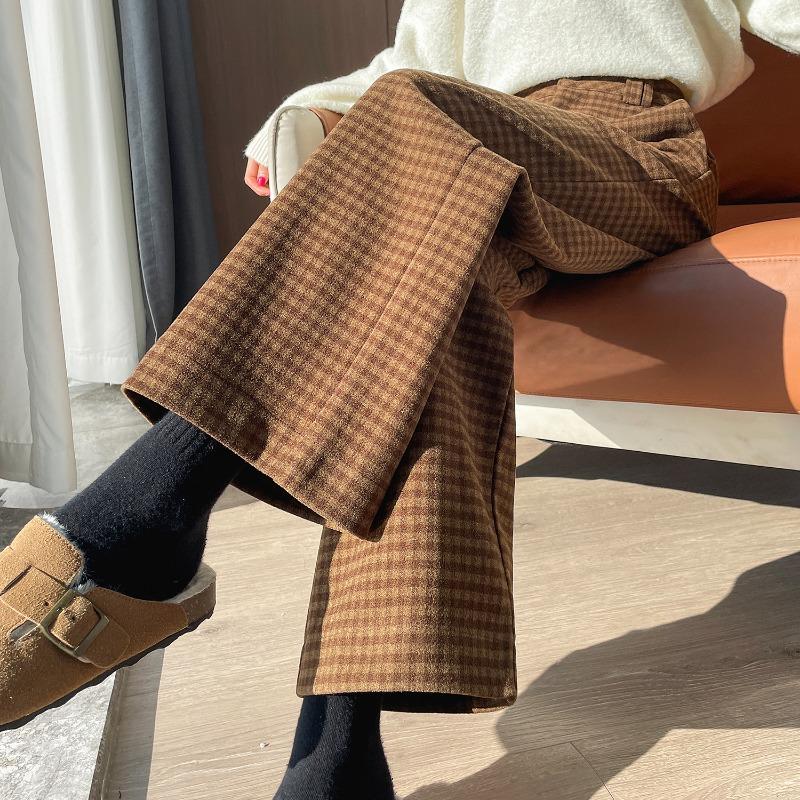 

Женские зимние шерстяные прямые брюки-сапоги, свободные и утягивающие, с клетчатыми трендовыми элементами M кофейный