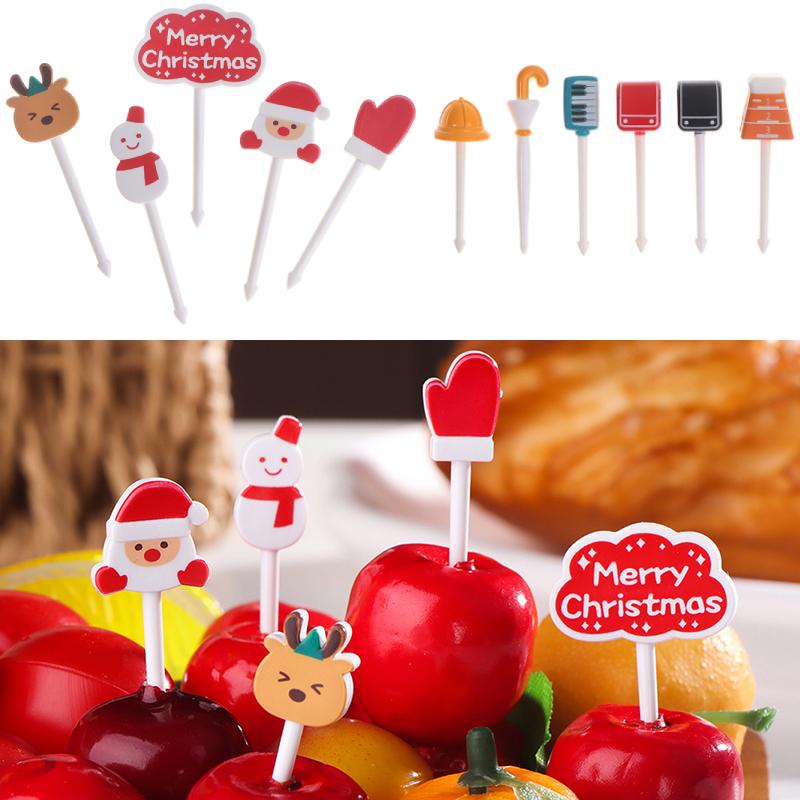 6/7/8/10pcs Mini ChristmasCartoon Fruit Fork Animal Farm Dinosaur Children Snack Cake Dessert Pick Toothpick Bento Lunches Party