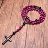 Hematite Cross Pendant Necklace Rose Red Tiger Eye Onyx Catholic Christ Rosary Necklace Natural Stone Prayer Bead Vintage Jewelry